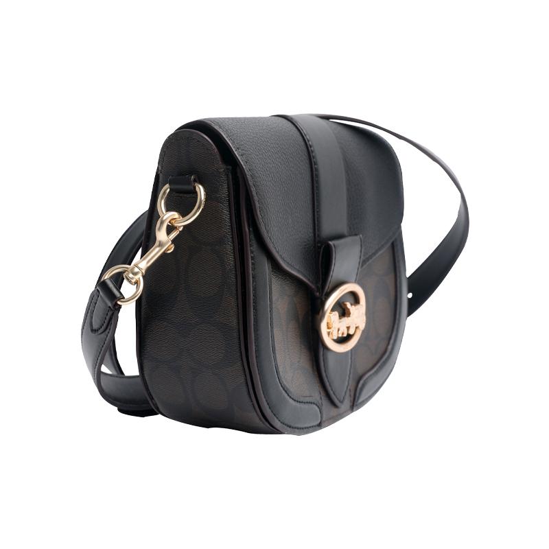 Coach Georgie 21 Carriage Buckle Presbyopic Color Matching Coated Canvas and Leather Crossbody Bag Small Size Women's Dark Brown Black