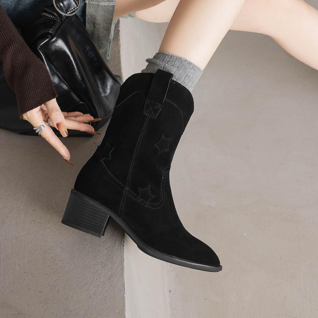 Krazing Pot Cow Suede Nubuck Winter Round Toe Modern Boots Med Heels Slip On Five-Star Decoration Women Mid-calf Boots