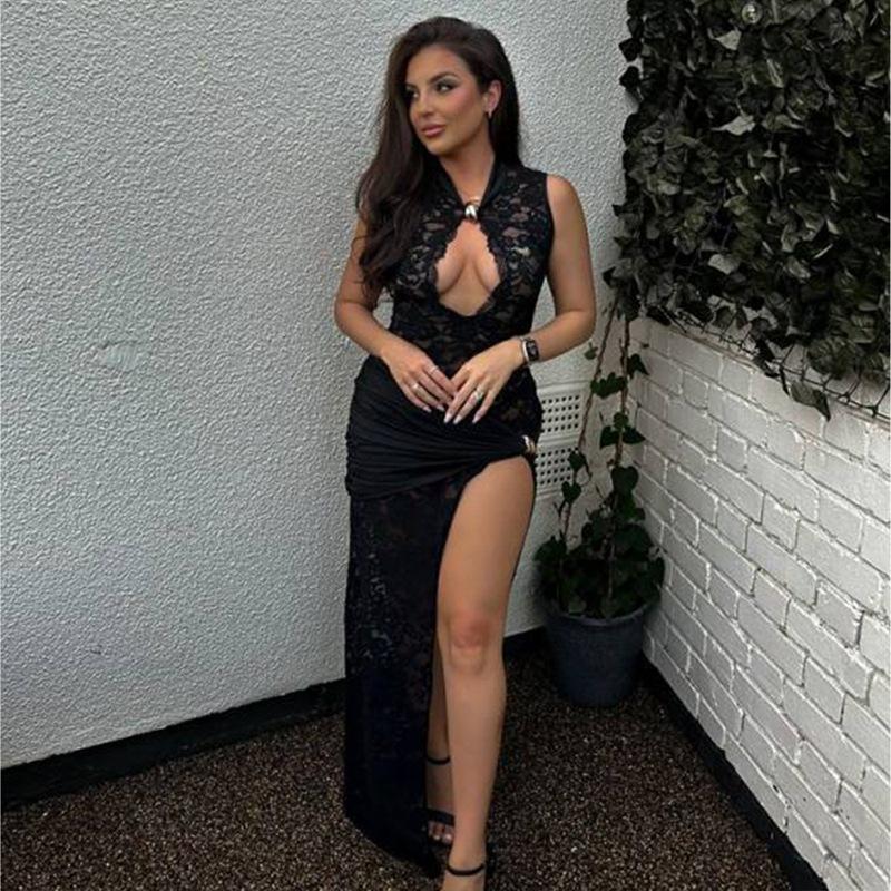 Latest Sexy Lace Hollow High-slit Slim Sleeveless Dress