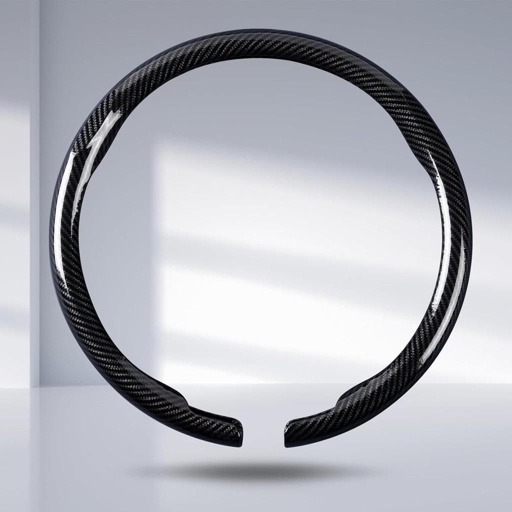 Car Steering Wheel Cover Carbon Fiber Snap On Steering Wheel Accessories Wrap 14.5-15 Inch Universal Grip Anti-Skid Protector, Glossy Black