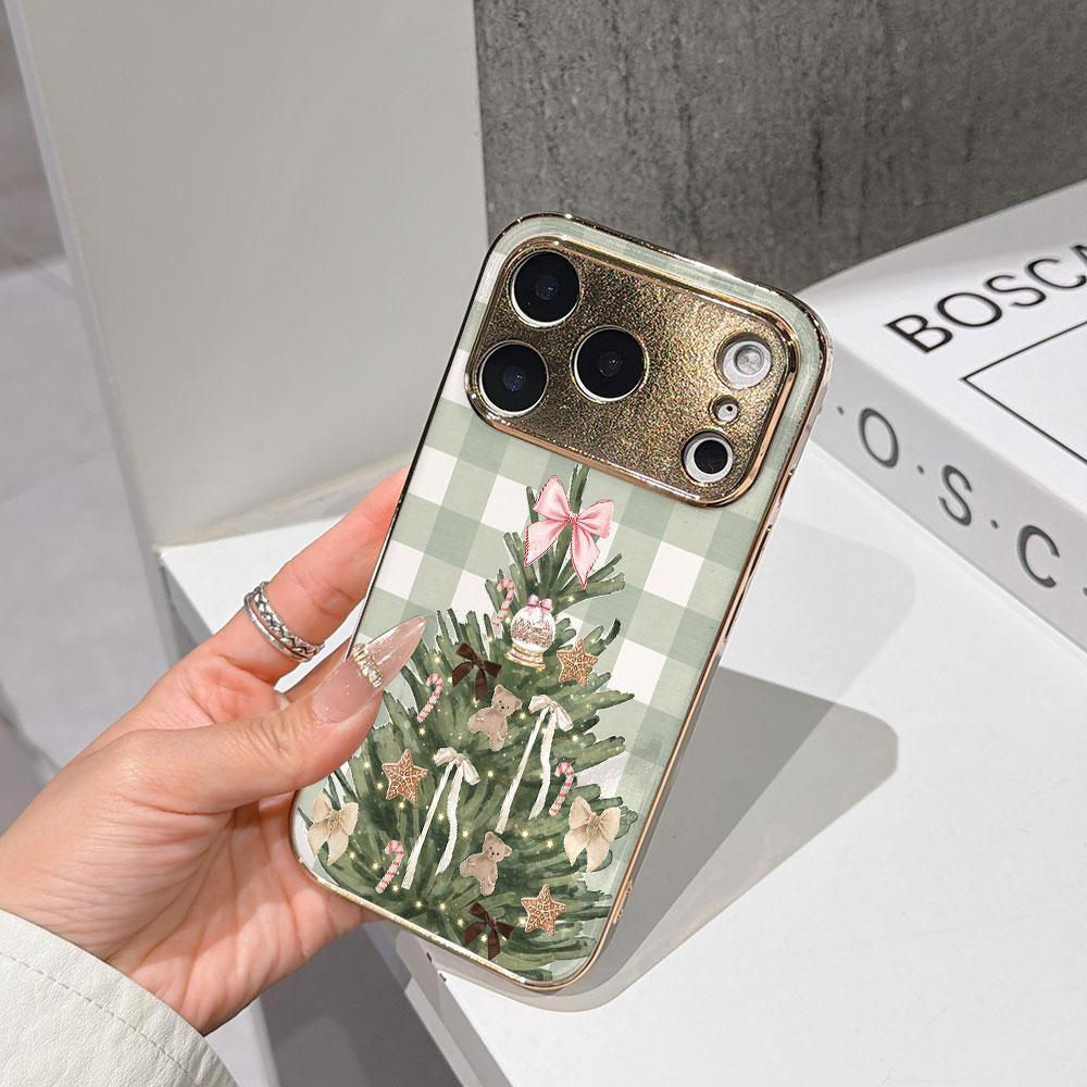 Lucky Start Phone Case For iPhone 17 16 15 14 13 Pro Max 16E Gold Electroplated glass shell  Christmas Tree Green Checkerboard Cover IPHONE11PRO