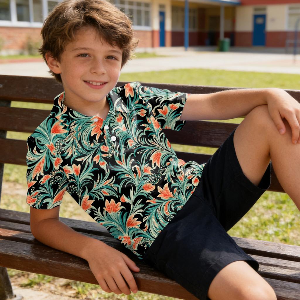Kids Polo Shirt Quick Dry Short Sleeve Tropical Leaf Print Button Down Collar Lightweight Breathable Summer Tee for Boys Girls