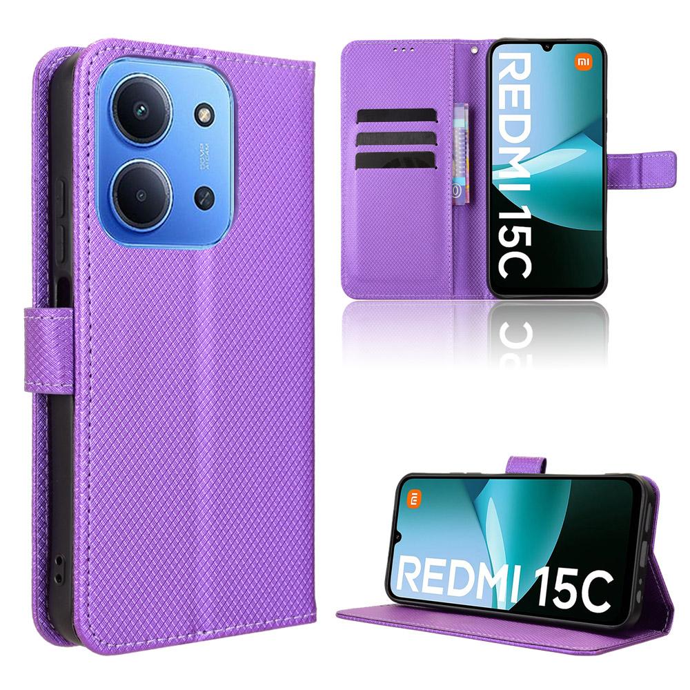 For Xiaomi Redmi 15C 4G (171mm) Leather Wallet Case with Strap Diamond Texture Phone Cover