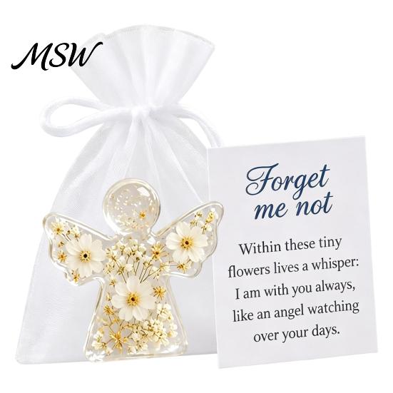 Regalo Angelo Custode tascabile, Ricordo Fiore Secco Non Ti Scordar Di Me, Mini Statuetta Tascabile in Acrilico Abbraccio, Ornamento Floreale Fatto a Mano, Conforto Memoriale