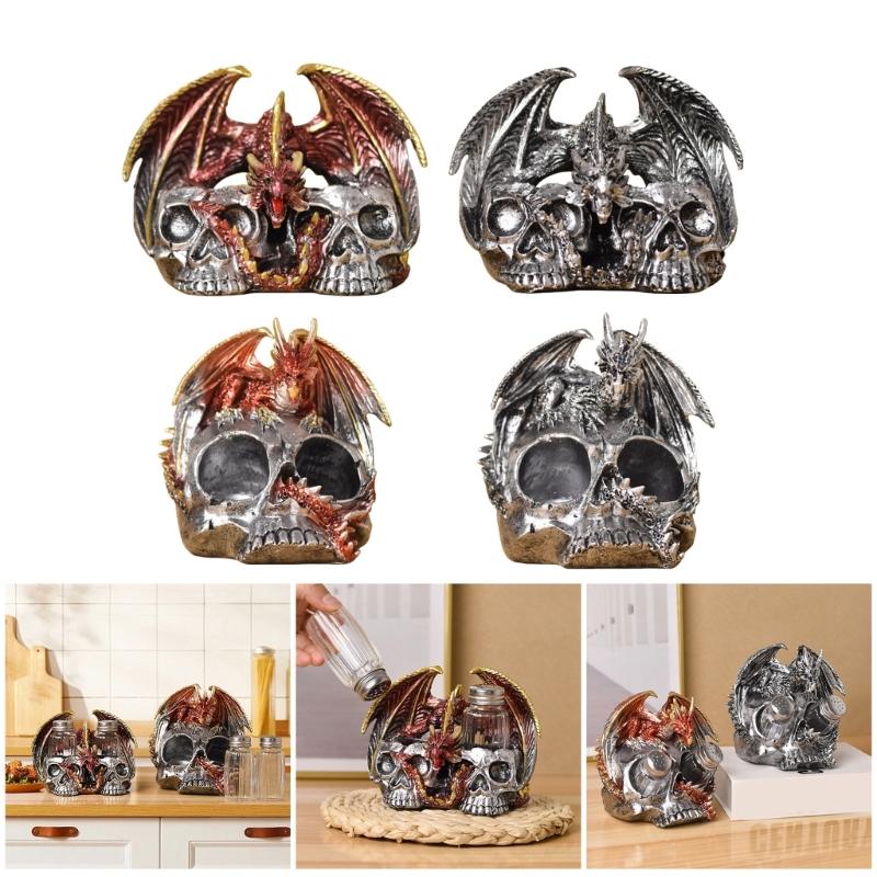 Scary Dragon Skull Statue Resins Figurine with Spices Shaker Holder Rack for Halloween Party Kitchen Restaurant Decors