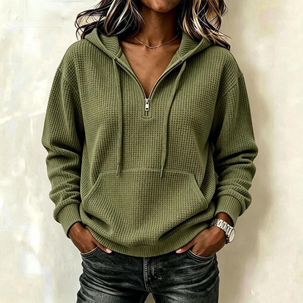 Women's Casual Long Sleeve Hoodie with Knit Texture Color Vintage Pullover Sweatshirt