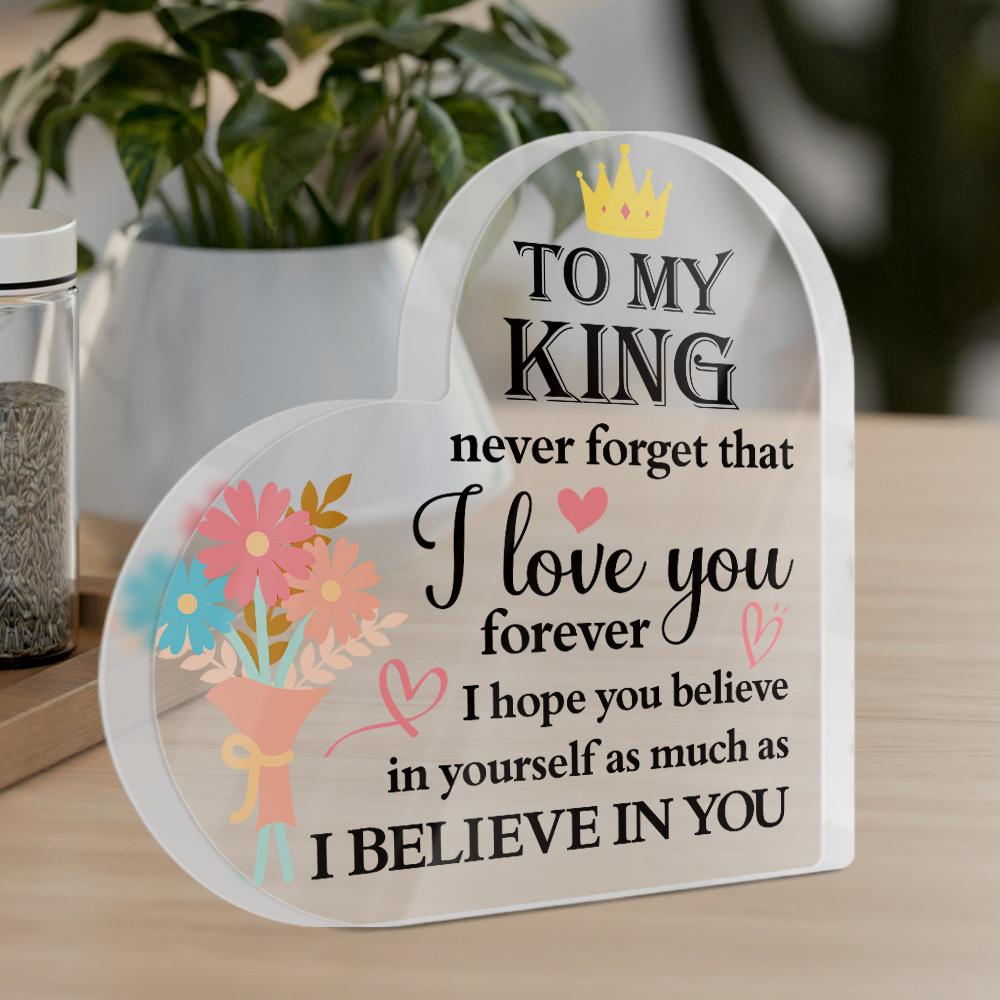 1pc Heart Shaped Acrylic Sign - 'to My King' Romantic Message Table Decor with Floral & Crown Design, Contemporary Farmhouse Desktop Decoration