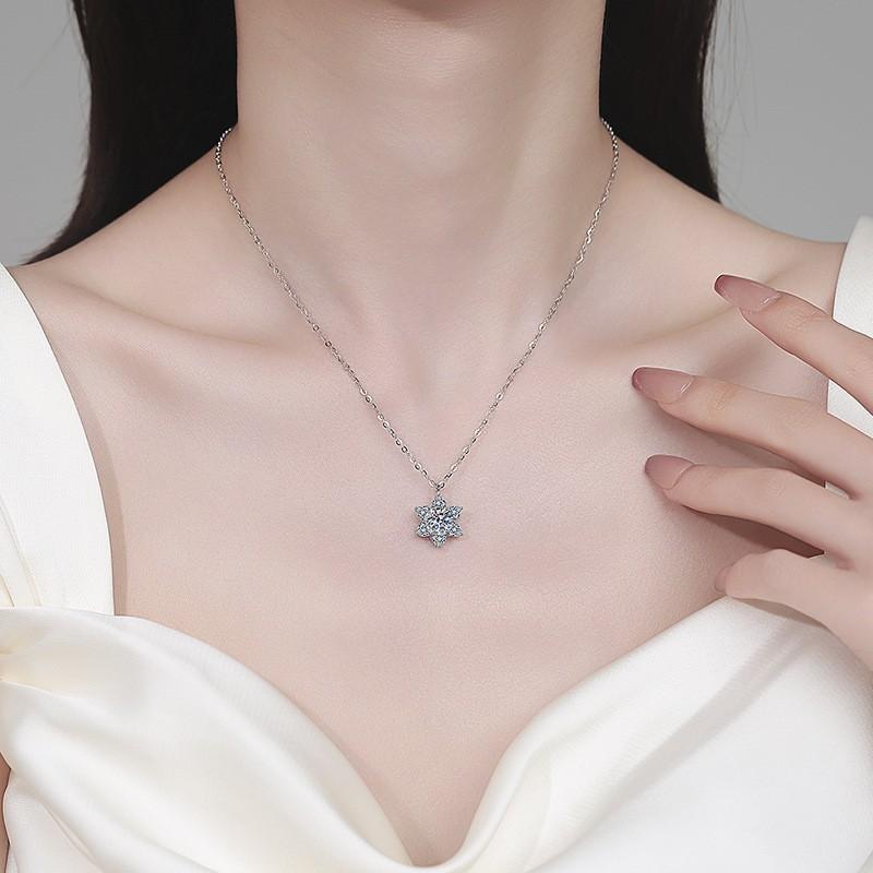 Sterling Snowflake Pendant Necklace Women Full Moissanite Floral Wave Design Delicate Layered Chain Lightweight