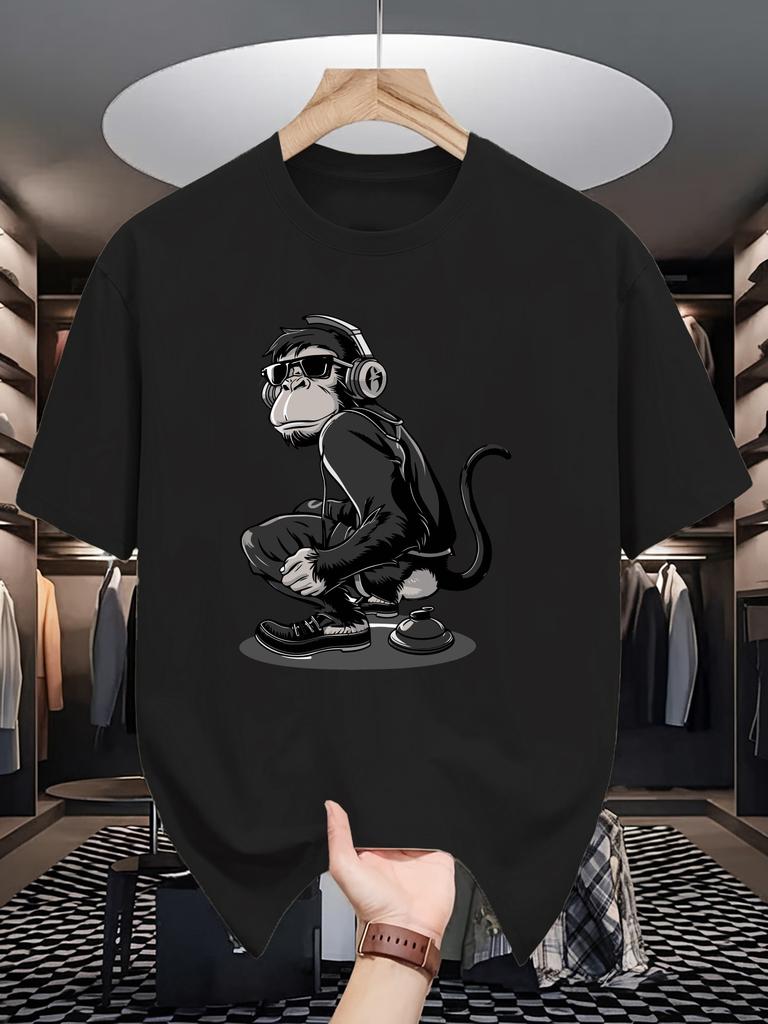 Unisexs Crew Neck T Shirt Cool Monkey With Headphones Sunglasses Graphic Short Sleeve Casual Cotton Hip Hop Music Streetwear Tees