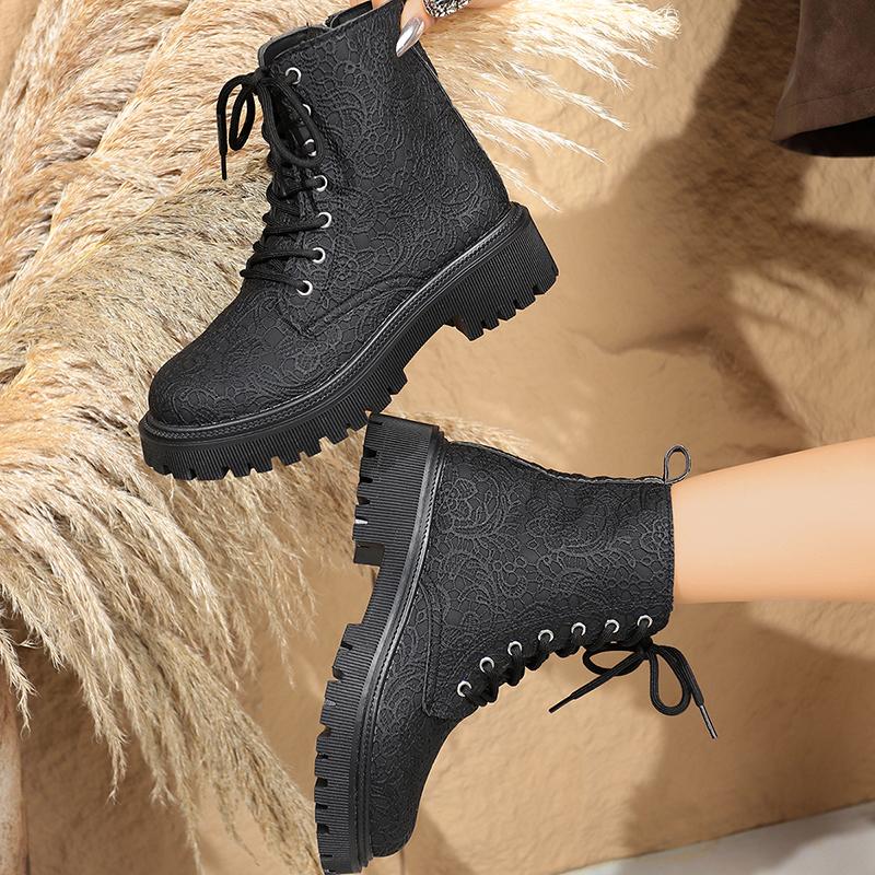 Fashion Flower Figure Thick Sole Short Boots Women Fashion Lace Up Platform Ankle Boots Woman 2025 Side Zipper Pu Leather Booties Mujer