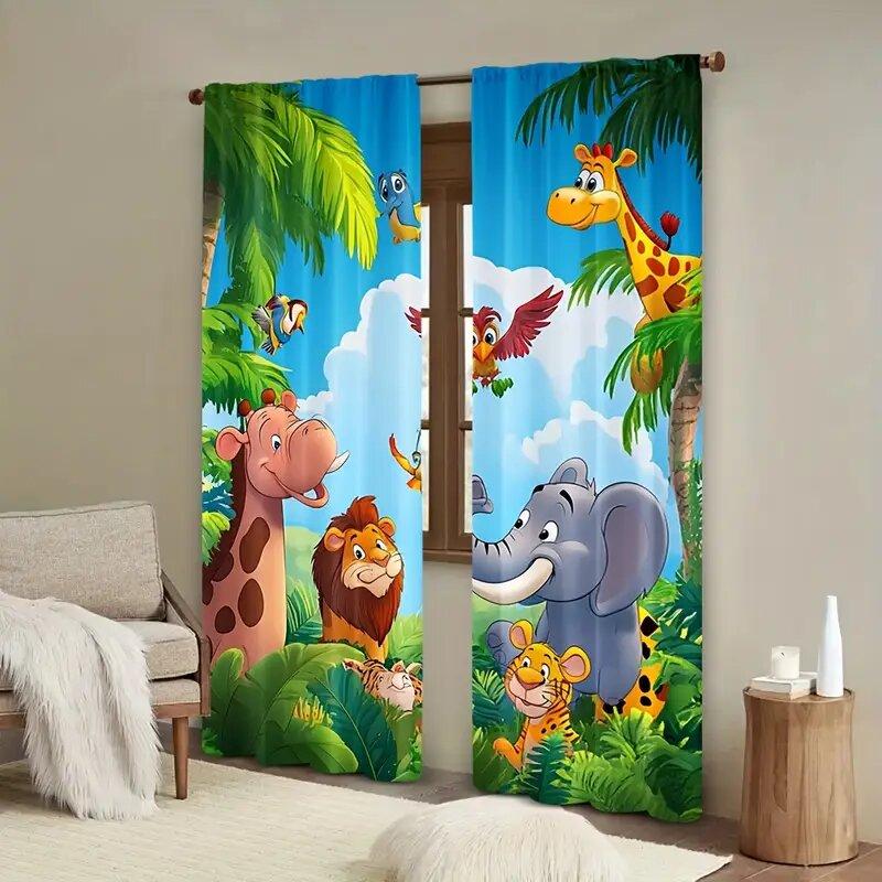 Set Of 2 Elephants Giraffes Lions Tigers Children Room Decorations Print Curtains Pole Bag Home Decoration Curtain Polyester