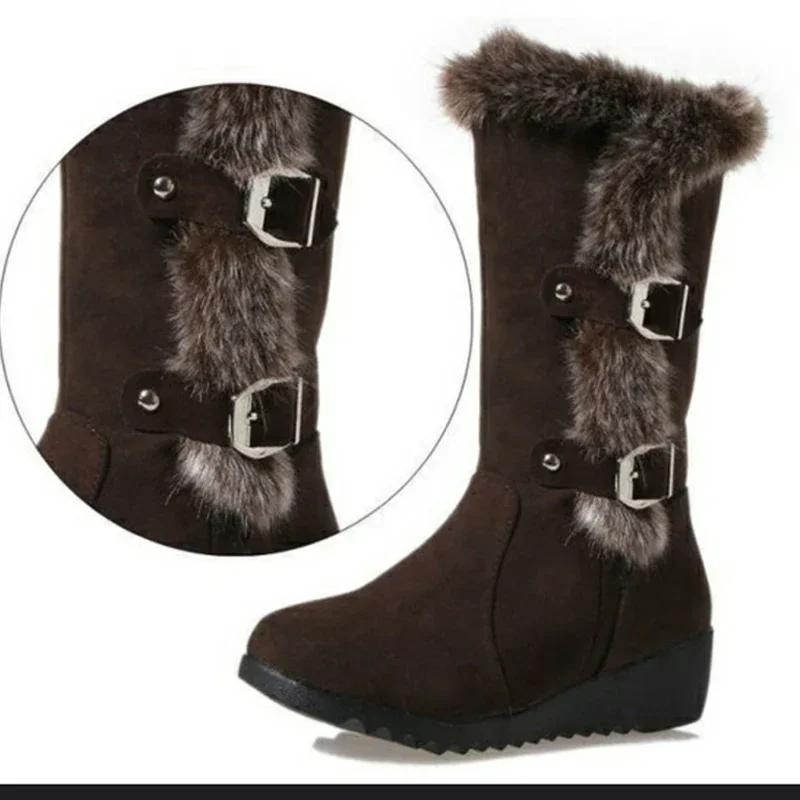 Fashion New Winter Women Boots Casual Warm Fur Mid-Calf Boots Shoes Women Slip-On Round Toe Wedges Snow Boots Shoes Muje Plus Size 42