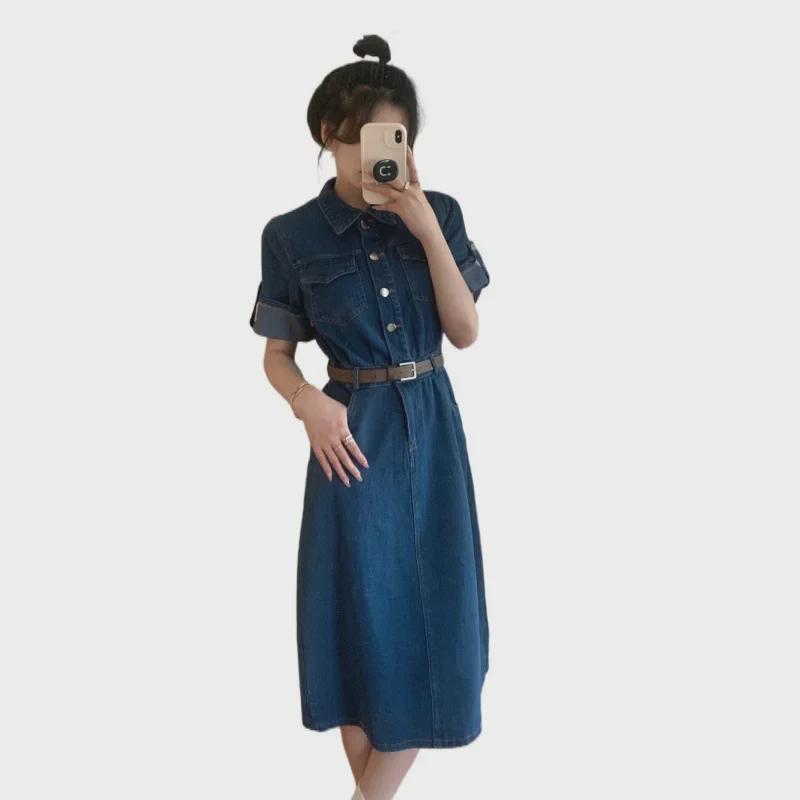 Real Shot Plus Size Denim Short-Sleeve Dress for Women - Summer Collection, Slimming Waist Design