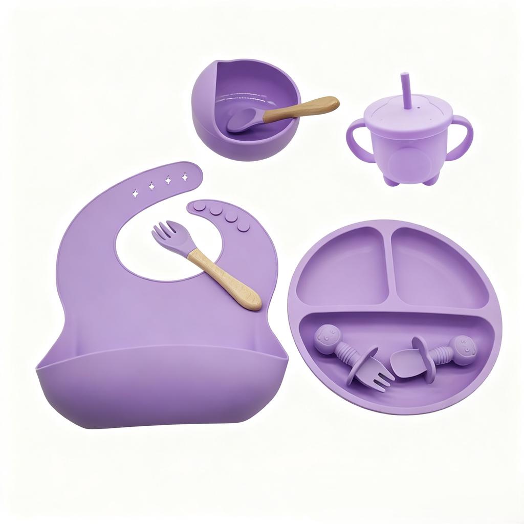 Children's Silicone Plate Eight-piece Set, Children's Plate Spoon Fork Cup Bib Bowl Tableware Combination