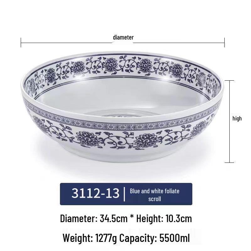 Blue & White Melamine Soup Bowl - Commercial Porcelain Imitation, Large Plastic Basin for Hotels & Restaurants