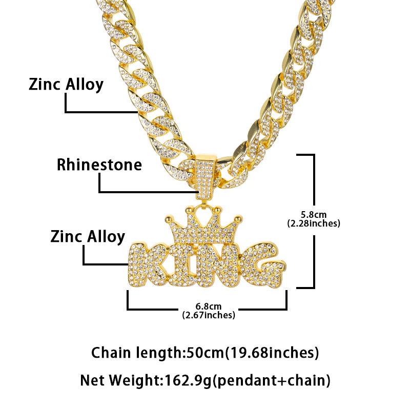 European-American Style Crown 'KING' Full Diamond Pendant on Thick Cuban Chain - Trendy Men's Hip Hop Jewelry