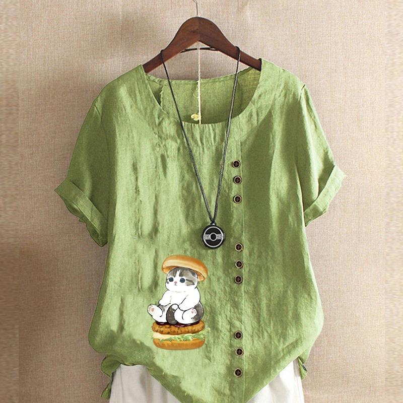 

Женская модная футболка с круглым вырезом и принтом кота, повседневная хлопково-льняная рубашка с рисунком, свободная летняя блузка для отдыха, топы 5XL зелёный