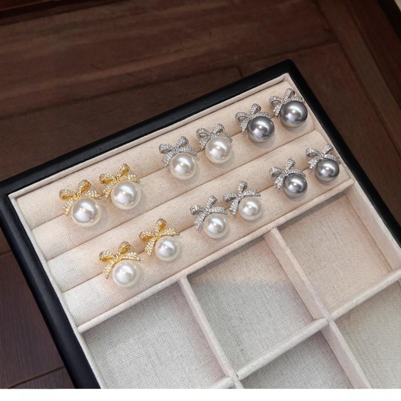 Sparkling Bow Stud Earrings With Natural Australian Mother-of-Pearl Pearl Cubic Zirconia Women