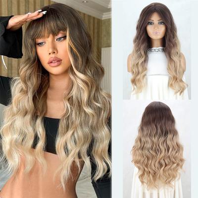 Peruci sintetice ondulate lungi Peruci blonde maro mixte cu extensii de breton Peruci naturale pentru femei Petrecere zilnică