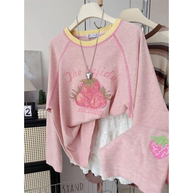 Printed Top Loose Long Sleeve T-Shirt Autumn Fashionable and Versatile M розовый