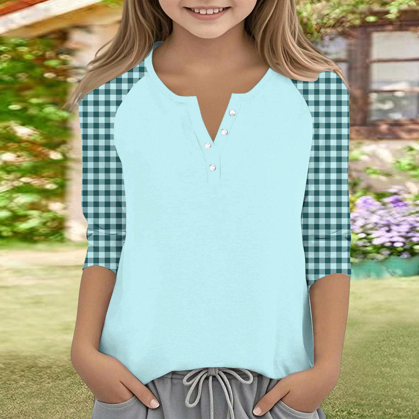 

Kids Three Quarter Sleeve Button Casual Shirt Color Block Design Lightweight Comfortable Fit Soft Fabric Children Top 140