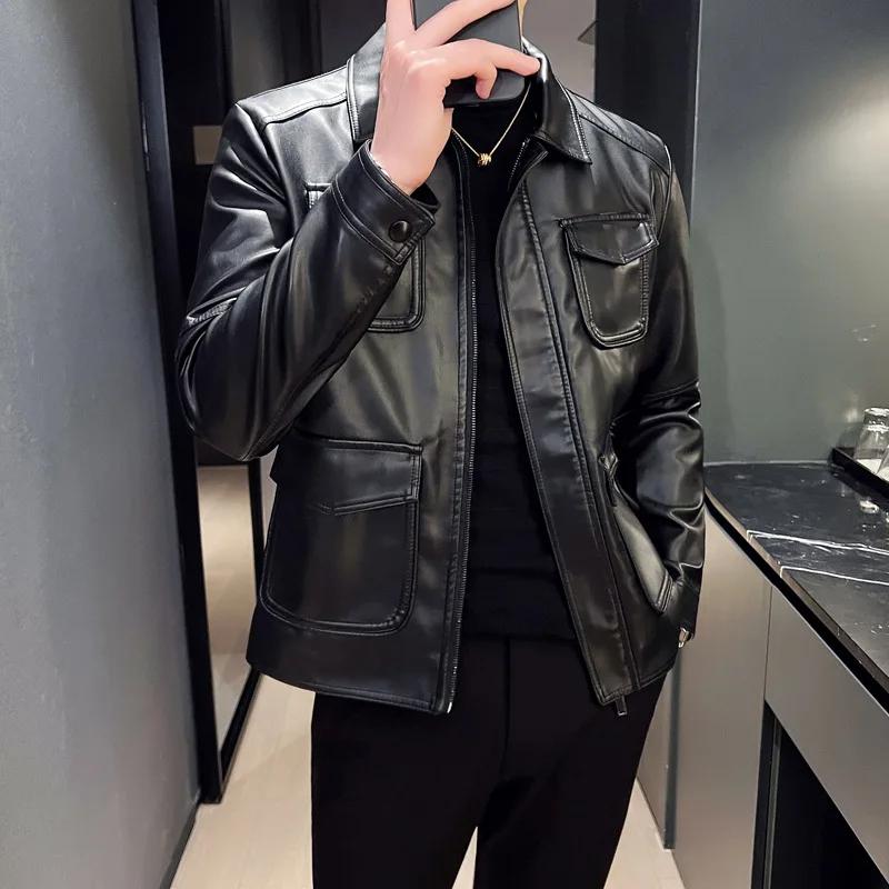 2026 Neue Herren Freizeit Lederjacke Mehrere Taschen Einfarbige Revers Motorradmantel Herbst Oberbekleidung Mode Biker Locker Streetwear