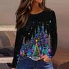 Women's Fashion Casual Slit Hem Round Neck Long Sleeve Loose Christmas Printed T-Shirt Ladies Top