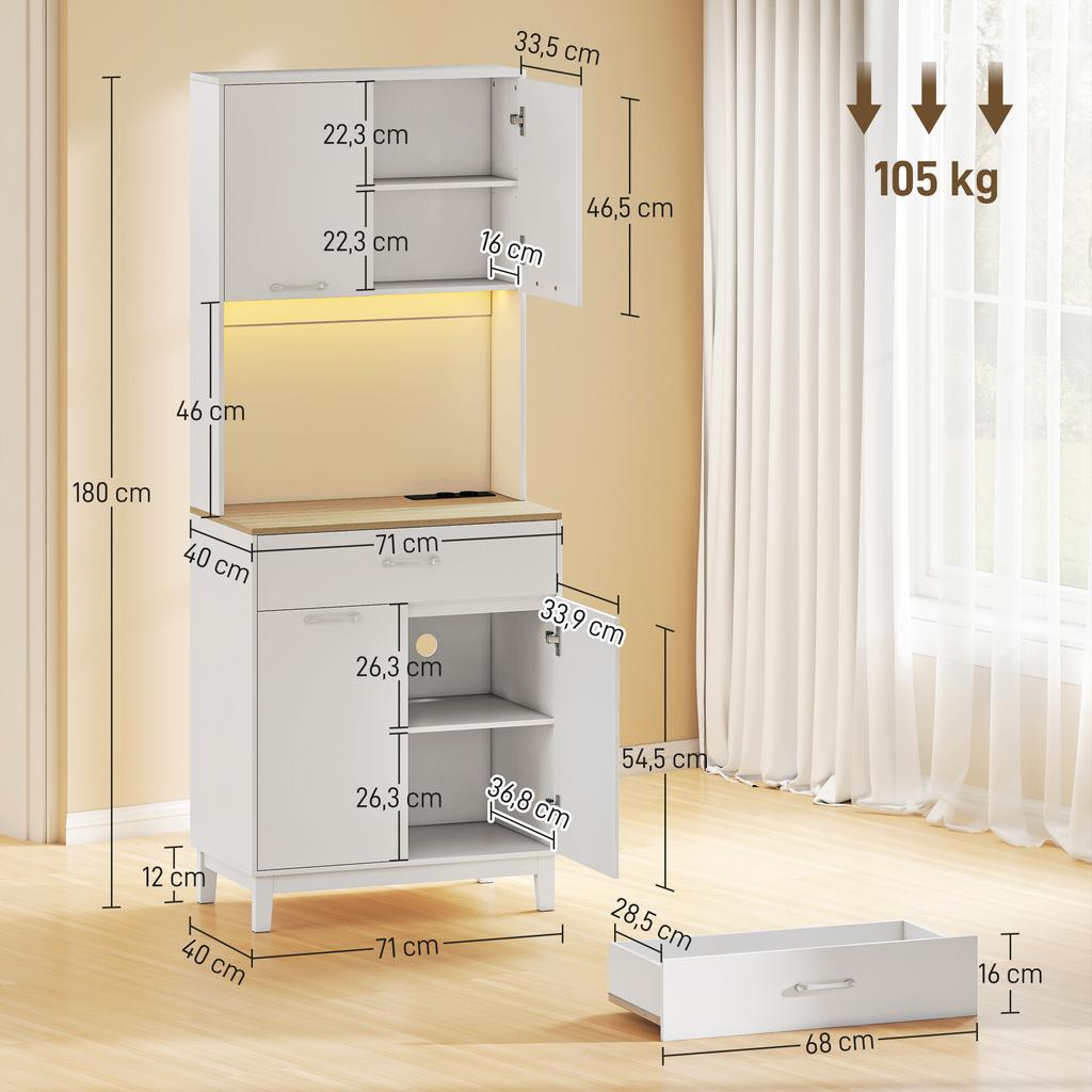 Kitchen Buffet, High, LED Lighting, Charging Station, 4 Doors, Drawer, Worktop, White
