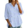 Women's Button Front Notched Collar Striped Print Three Quarter Sleeve Loose Fit Blouse Shirt