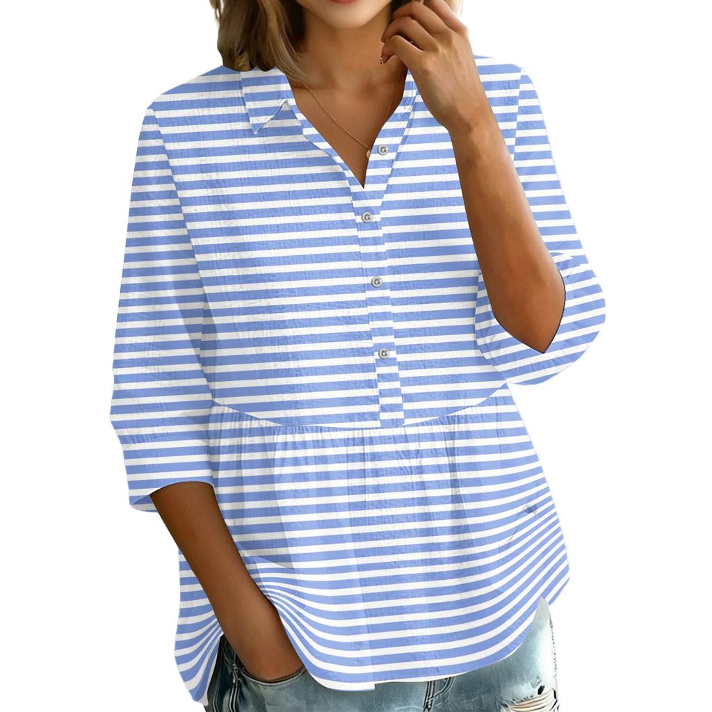 Women's Button Front Notched Collar Striped Print Three Quarter Sleeve Loose Fit Blouse Shirt