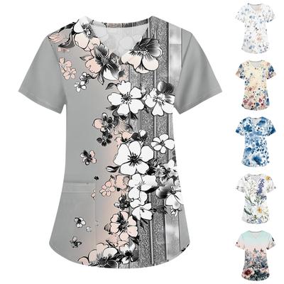 Women's Fashion V-neck Short Sleeve Workwear With Pockets Printed Tops