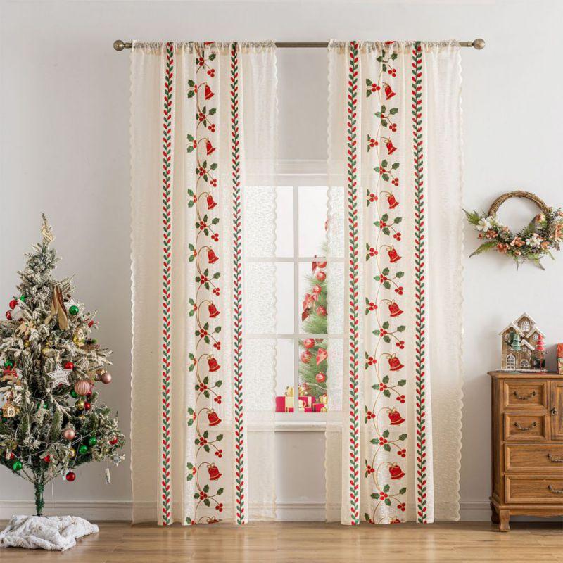 2pcs Christmas Embroidery Curtains Translucent Lace Curtains Rod Through Curtain