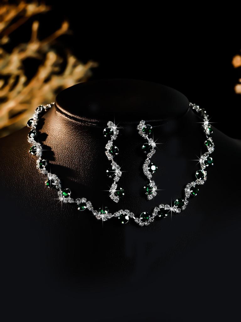 Conjunto de Colar e Brincos de Diamante de Luxo Acessórios para Festa Vestido de Casamento Jantar Corrente de Colar e Brincos de Strass da Moda para Meninas