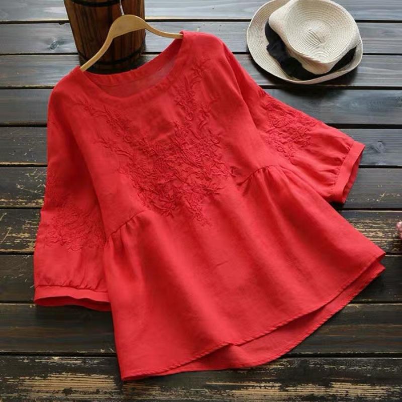 Spring and Summer Cotton and Linen Round Neck Blouse Women's Short-sleeved Loose Embroidered Shirt Thin Pullover Shirt