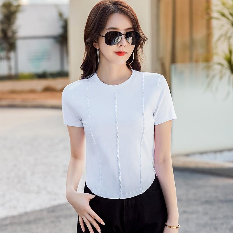 2024 Summer Short-sleeved New Round-neck Shirt, Lotus Joint T-shirt, Half-sleeved Undershirt, High-waisted Short Style, Slim, Fashionable and Sporty