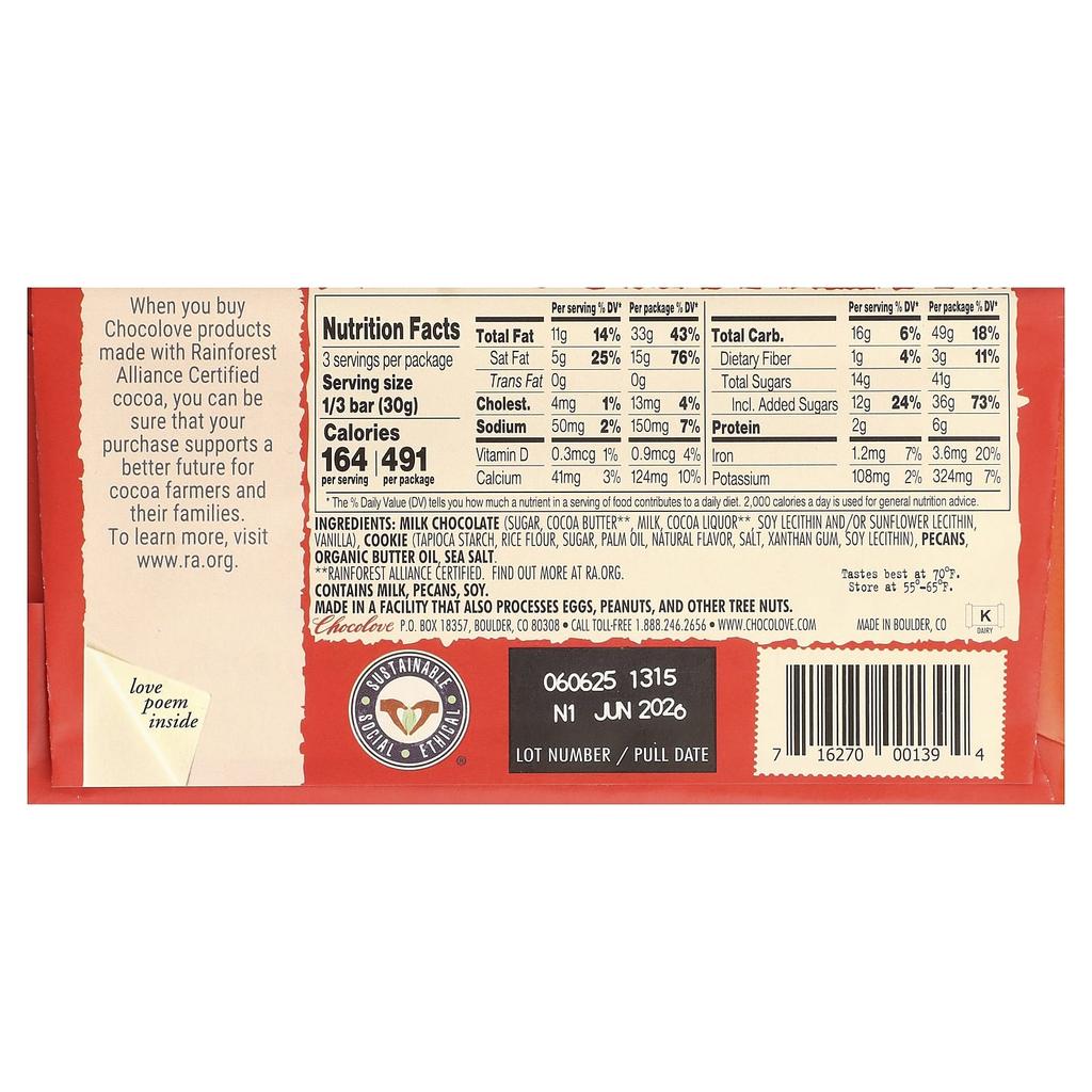 Chocolove, Pecan Cookies, Sea Salt Milk Chocolate, 33% Cocoa, 90g (3.2oz)