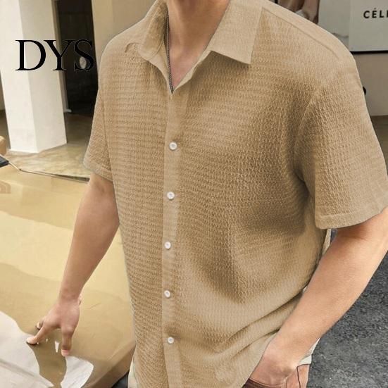 Casual Top Summer Spring Men Shirt Turn-down Collar Water Wave Texture Single-breasted Commute Loose Solid Color Short Sleeves Office