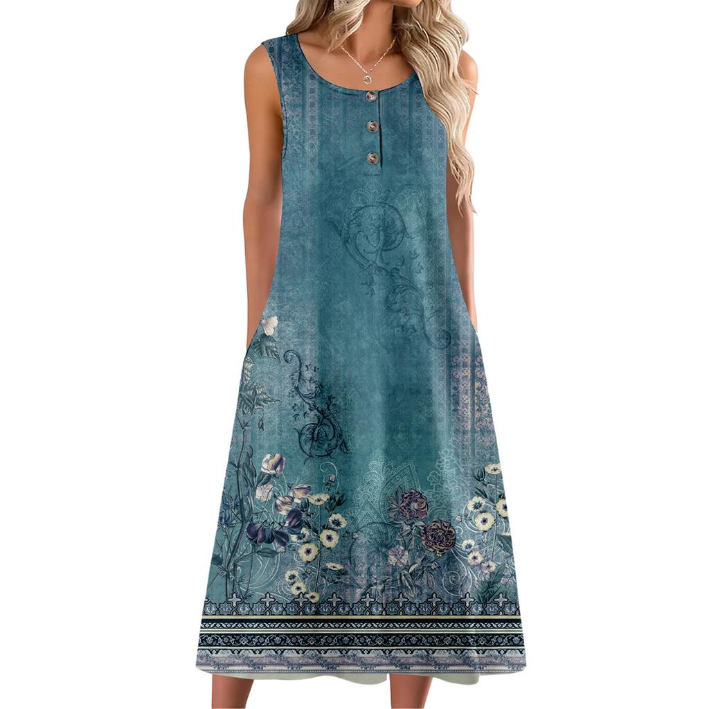 Women's Fashion Casual Sleeveless Button Floral Print Dress with Pocket
