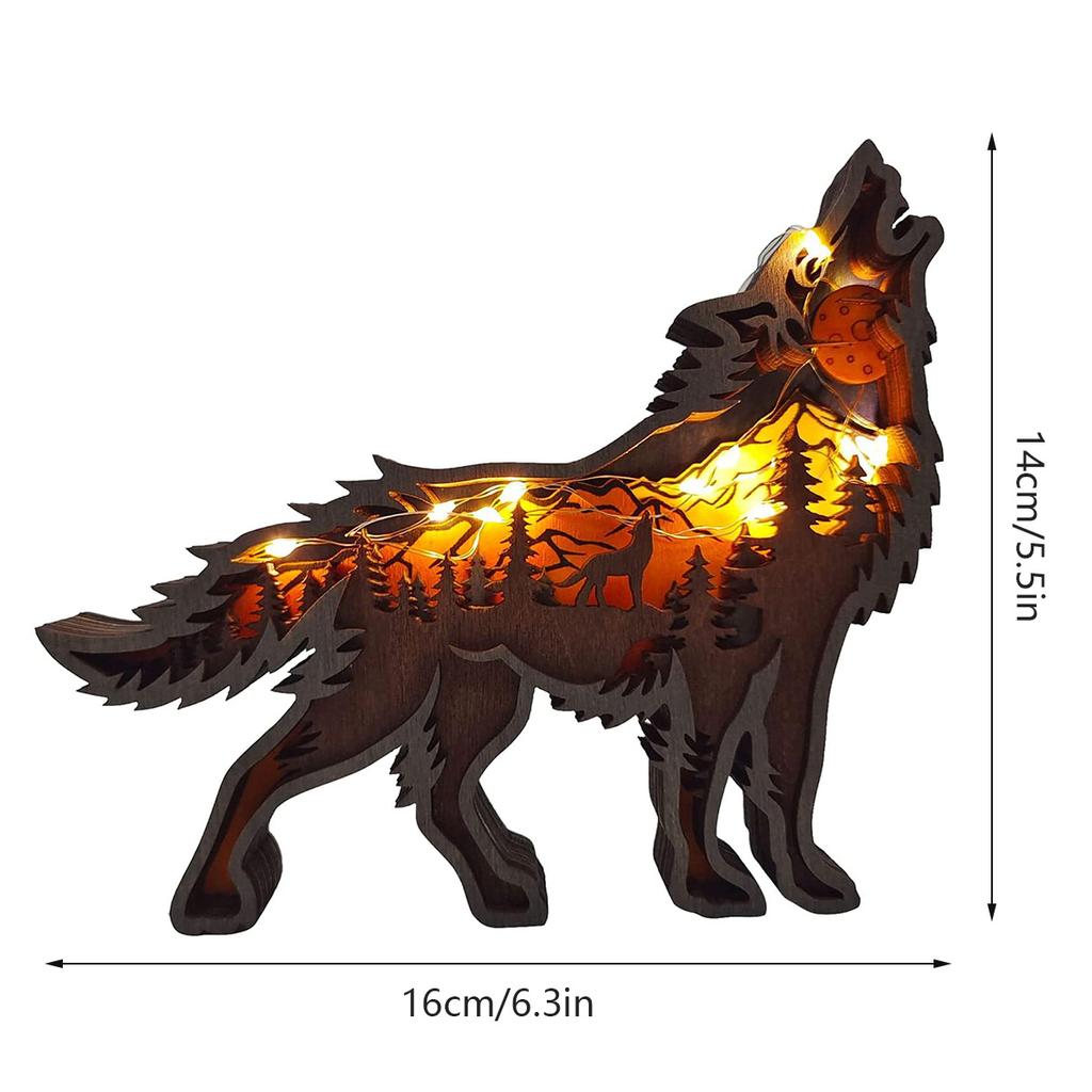 Holzornamente, geschnitzte Wolfsdekorationen aus Holz mit LED-Licht, hohle mehrschichtige Waldtierszene, Anzeige von Schnitzfiguren