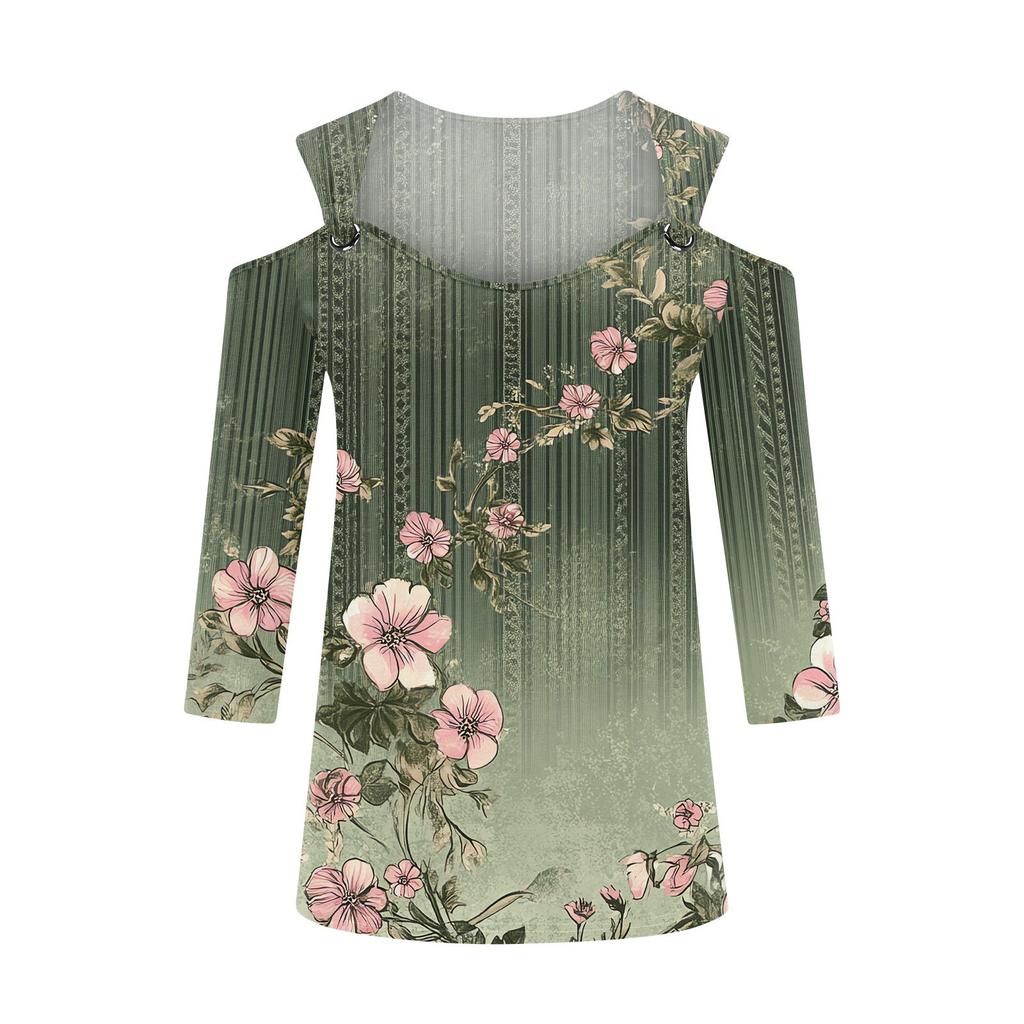 Women's Casual Shirt Blouse Print V-neck Sexy Cold Shoulder 3/4 Sleeve Top