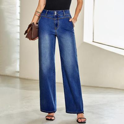Jeans Feminino Perna Larga Cintura Alta Elástico Perna Reta Com Bolsos