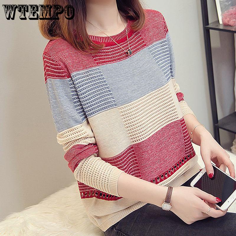 Spring and Autumn New Women's Knitted Sweater Loose Striped Sweater Pullover Round Neck Top