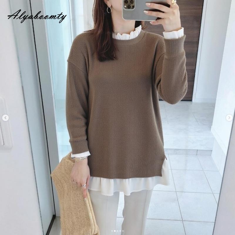 

Корейский стиль Осень Весна Женский свитер с оборками на воротнике Пэчворк Темно-синий Коричневый Вязаный пуловер Длинный рукав Повседневный Свободный Вязаный верхняя одежда One Size