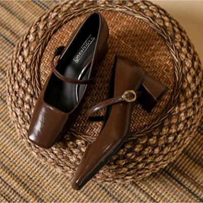Mode Mary Jane Leren Schoenen Lente en Herfst Nieuwe Franse Vierkante Neus Hoge Hakken Retro Eendelig Riem Ondiepe Mond Enkellaarzen Dames