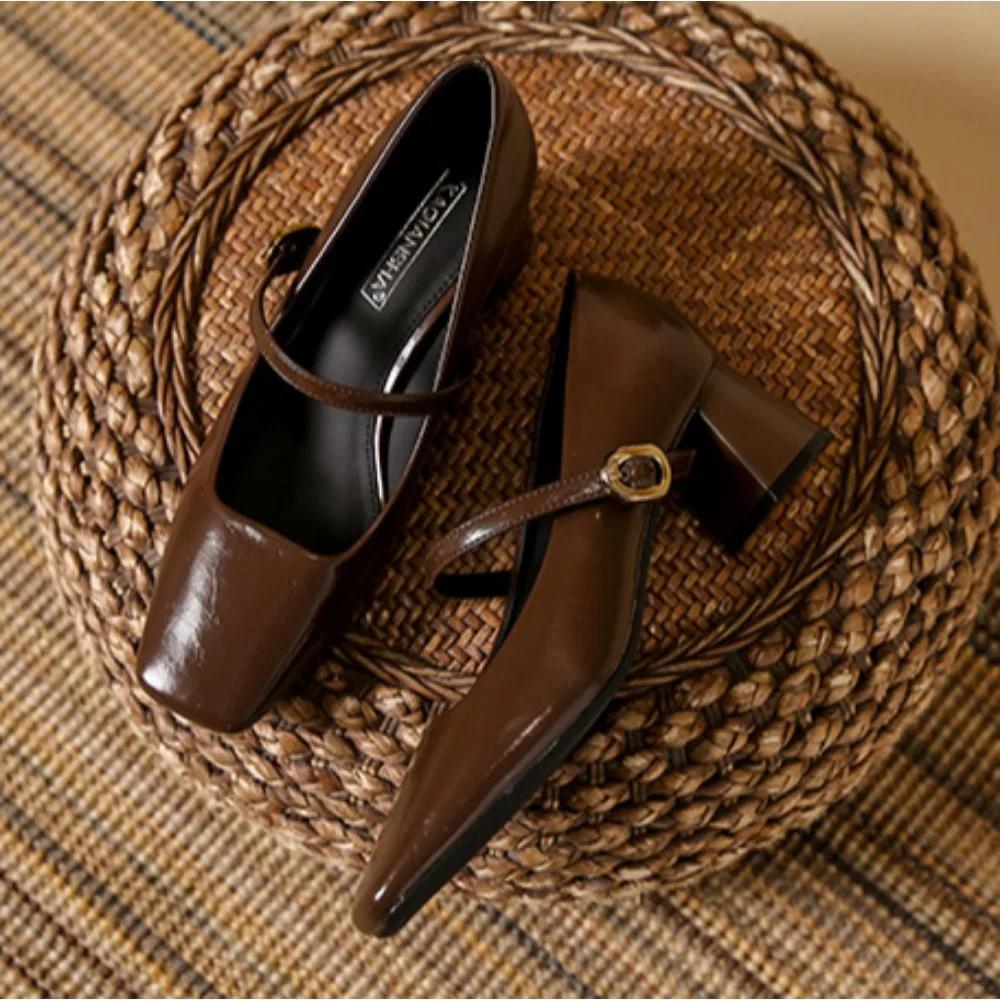 Fashion Mary Jane Leather Shoes Spring and Autumn New French Square Toe High Heels Retro One-piece Belt Shallow Mouth Single Shoes Women