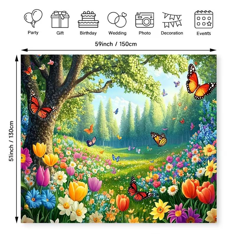 Nature Scenery Flower and Butterfly Tapestry Spring Forest Wall Art for Aesthetic Room and Nursery Decor