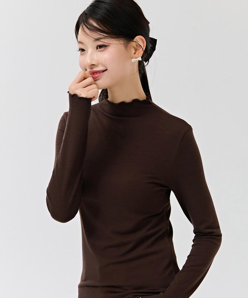 CHASECULT Women'S Frill Mock Neck Fleece T-Shirt - Brown