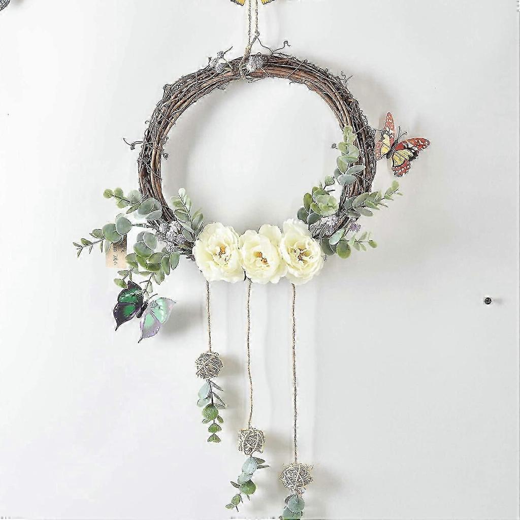 22 ' Artificial Peonies Wreath With Rattan Butterfly, Spring / Summer Wreath For Front Door
