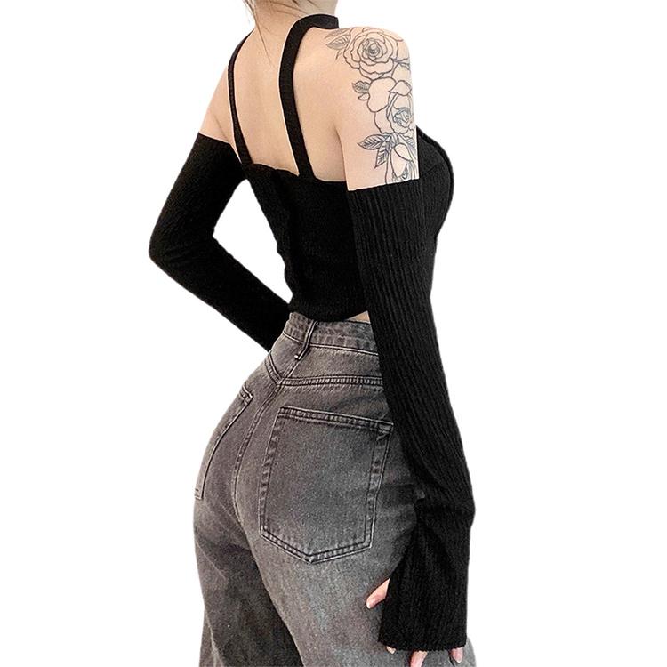 Sexy Wrapped Chest Strap Long Sleeve Blouse Slim Fit Cropped Top Ladies Halter Camisole Fashion