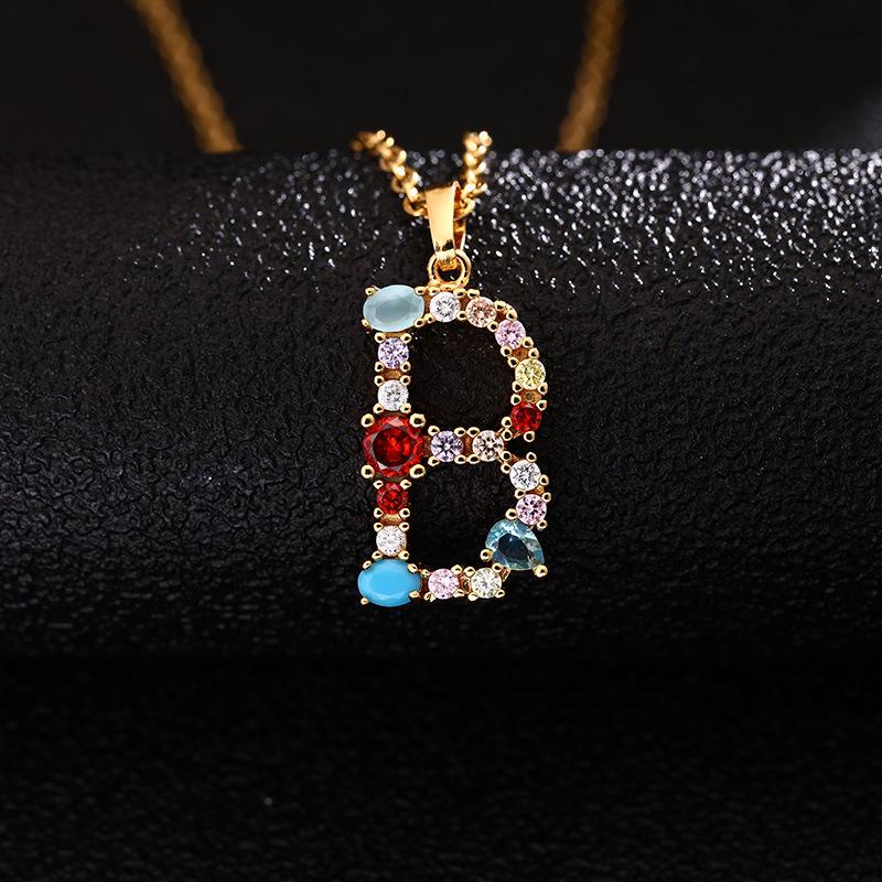 Women's Letter Necklace: 26 Copper Letters with Colored Zircon, Crystal Agate, and Stainless Steel Chain